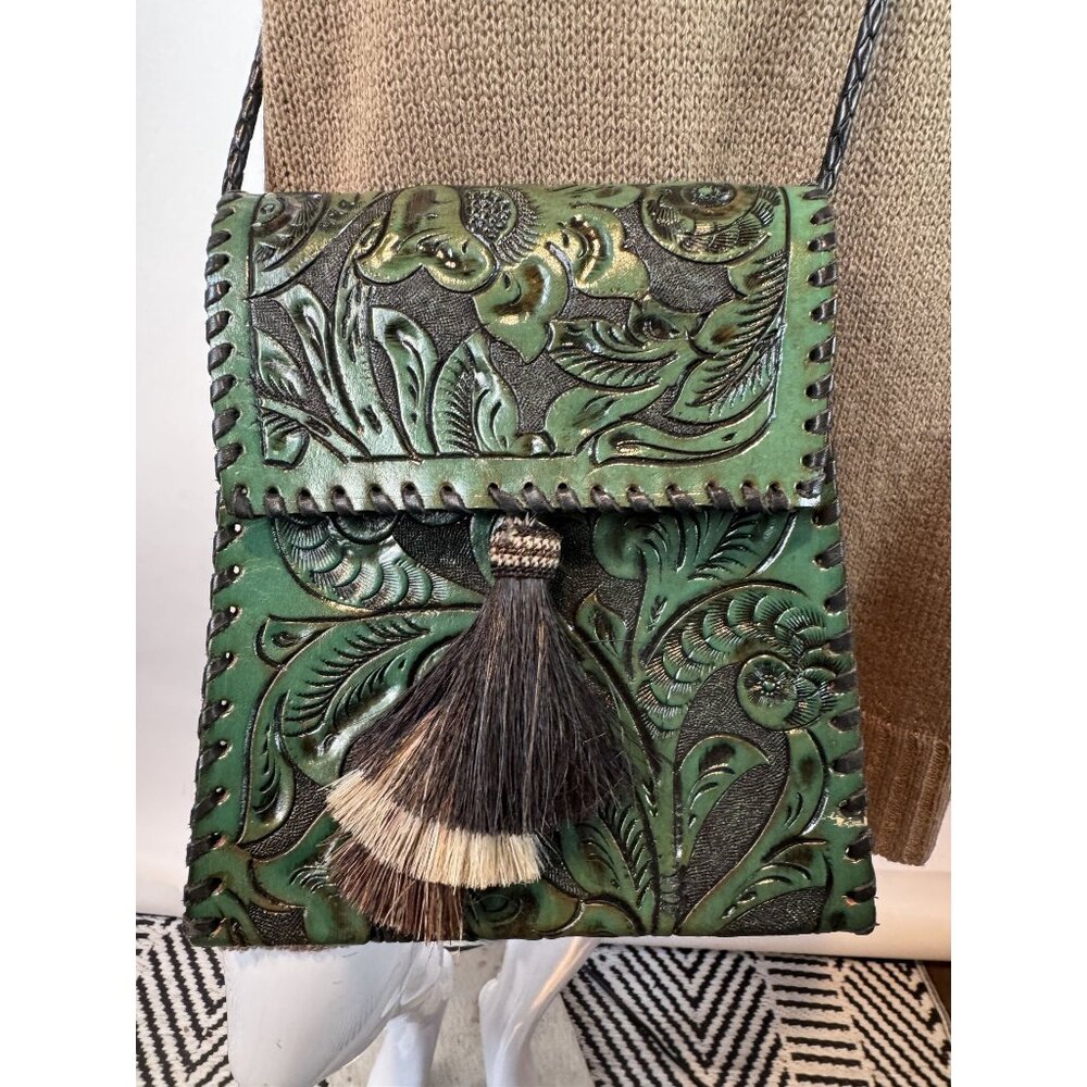 Handcrafted Green Embossed Leather Crossbody Bag With Decorative Tassel & Adjust